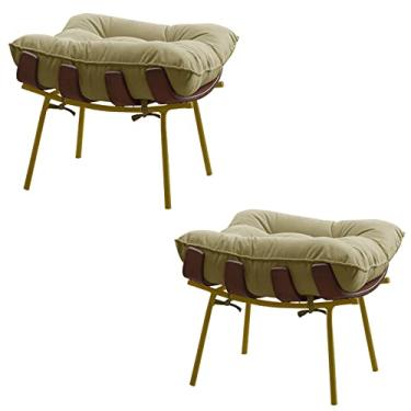 Imagem de Kit 2 Puffs Decorativos Sala de Estar Abel Base de Madeira Dourada Veludo Bege - Gran Belo
