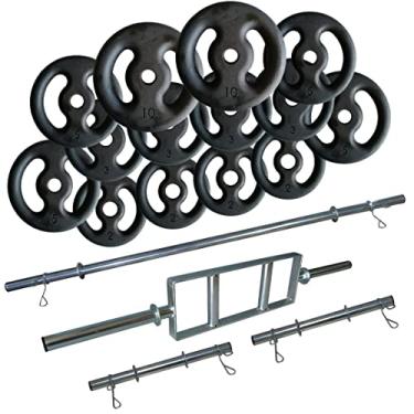 Imagem de Kit Anilhas Ferro 60kg + 2 Barras 40cm + Barra 120 + Barra H