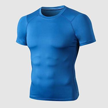 Imagem de Camiseta esportiva masculina de secagem rápida elástico fino tops manga curta corrida academia fitness(X-Large)(Azul)