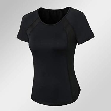 Imagem de Camiseta feminina de malhação malha de emenda de secagem rápida stretch fino gola O mangas curtas tops de ioga camisas atléticas(X-Large)(Preto)