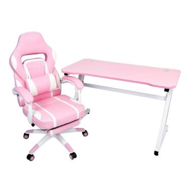 Imagem de Conjunto Mesa Gamer Pelegrin PEL-008P Rosa e Cadeira Gamer Pelegrin PEL-3020 Rosa