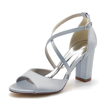 Imagem de Sapatos de noiva de cetim femininos Chunky Peep Toe Sapatos de salto alto marfim Sapatos sociais 36-43,Silver,7 UK/40 EU