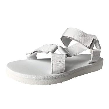 Imagem de Sandálias femininas elegantes verão bico plano casual moda sandálias plataformas praia aberto feminino sapatos sólidos femininos, Branco, 9