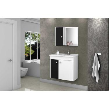 Imagem de Gabinete com Espelheira Banheiro Munique em Madeira Branco Preto Fosco com Lavatório Móveis Bechara
