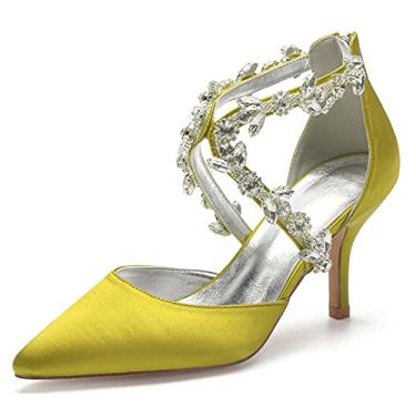 Imagem de Sapatos de casamento nupcial feminino scarpin marfim stiletto cetim salto alto bico fino sapatos com strass 34-43,Yellow,3 UK/36 EU