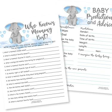 Imagem de Blue Elephant Baby Shower Games para meninos – 2 jogos dupla face, 25 Who Knows Mommy Melhor jogo de chá de bebê para brincar, 25 cartas de previsão e conselhos de bebê, cartões de conselhos de chá de bebê, ideias para chá de bebê