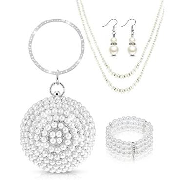 Imagem de Tessco 4 peças de bolsa clutch de pérola falsa para noite bola redonda prata strass conjunto de joias de pérolas para mulheres noite casamento pérola artificial, principalmente prata, Pérola