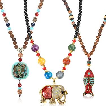 Imagem de 3 Colares com pingente longo boho para mulheres, colar longo de contas de madeira, feito à mão, turquesa, peixe, elefante, joias com bolsa de armazenamento para mulheres, Metal, Liga metálica.