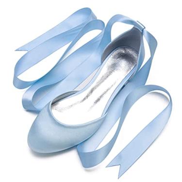 Imagem de Sapatos de casamento para noivas mulheres sapatilhas de cetim sapatilhas com fivela bico redondo sapatos sociais 36-44,Sky blue,11 UK/44 EU