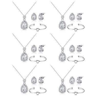 Imagem de Conjunto de 6 joias de dama de honra para casamento, colar, brincos, pulseiras, joias de dama de honra para presentes de dama, Strass, liga e cobre, conjuntos de joias