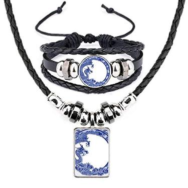 Imagem de Colar de couro com dragão azul da cultura chinesa conjunto de joias