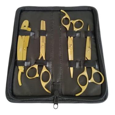 Imagem de Kit 3 Tesouras Profissionais + Navalha + Estojo P/ Barbeiro - Dourado