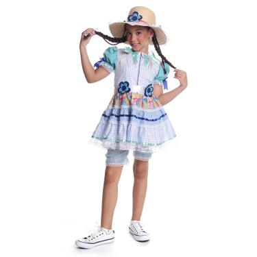 Imagem de Vestido Junino Infantil Caipira Flor azul com Culote Chapéu