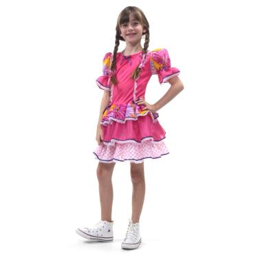 Imagem de Vestido Junino Caipira Infantil Babados Rosa Festa Quadrilha