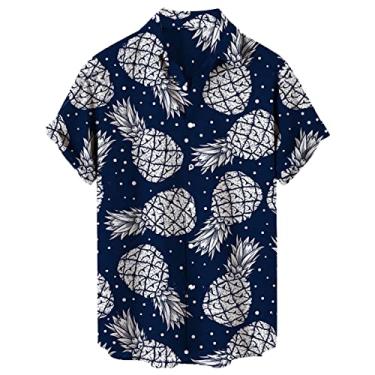 Imagem de Camisetas grandes para homens casuais com estampa de lapela solta manga curta punhos estilo porta botão camisa floral senhora areia, Azul, M