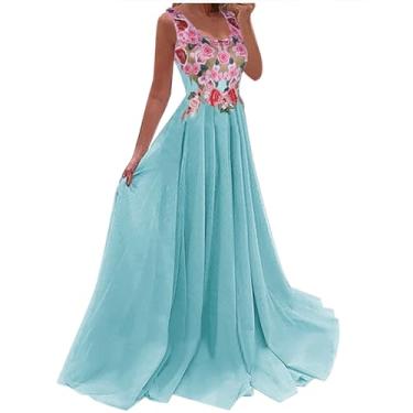 Imagem de UIFLQXX Vestido longo feminino plus size de renda patchwork estampado cor sólida vestido longo vestido de convidado vestido de baile, Azul, M