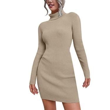 Imagem de Vestido suéter de gola rolê para mulheres outono colado ao corpo vestido suéter de inverno manga longa tricotado, Cáqui, P