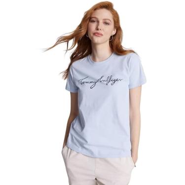 Imagem de Tommy Hilfiger Camiseta feminina de algodão de desempenho – Camisetas estampadas leves, Logotipo de assinatura impresso azul brisa, GG