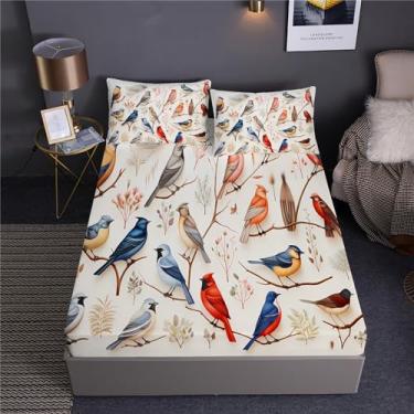 Imagem de Jogo de cama com estampa de pássaros cardeais, cama em um saco, 7 peças, lindo North Special Birds, incluindo 1 lençol com elástico + 1 edredom + 4 fronhas + 1 lençol de cima (D, cama de solteiro em