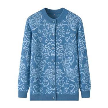 Imagem de HangErFeng Suéter feminino de lã padrão floral P jacquard grosso cardigã de malha gola redonda manga longa top 1768, Azul, 5G