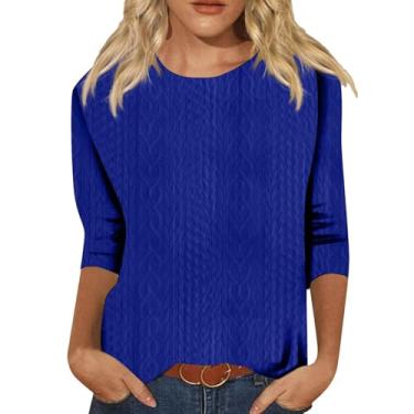 Imagem de Tops de verão para mulheres 2024 moda manga 3/4 camisas bonitas estampa floral ajuste solto blusas casuais elegantes camisetas, Azul, P