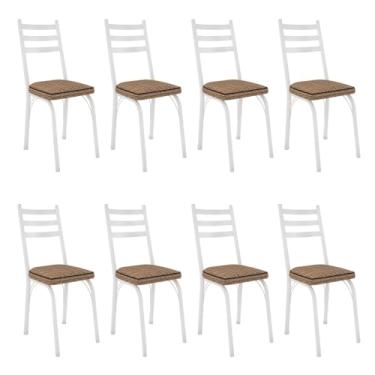 Imagem de Kit 8 Cadeiras de Cozinha Luisiana Estampado Rattan Bege Pés de Ferro Branco - Pallazio