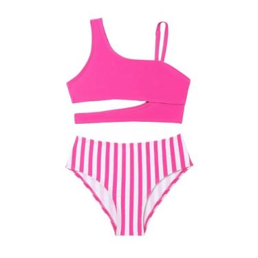 Imagem de SweatyRocks Biquíni feminino listrado recorte biquíni cintura alta duas peças traje de banho, rosa, 5 Anos