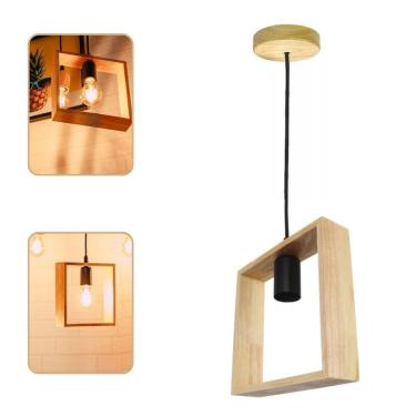 Imagem de Lustre Pendente Rústico Formato Quadro Em Madeira Canopla Regulável 1,20M Para Teto Fio PP Bocal Soquete E27 Bivolt