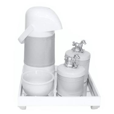 Imagem de Kit Higiene Espelho Potes, Garrafa, Molhadeira E Capa Cavalinho Prata
