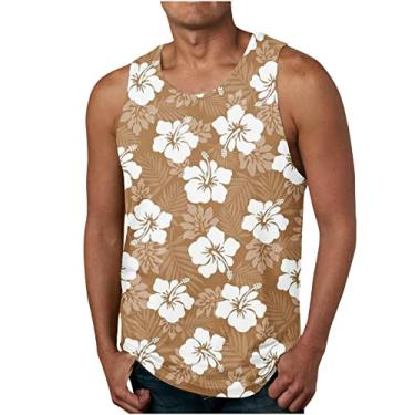 Imagem de Camiseta masculina havaiana regata tropical simples colete masculino gola redonda trilha academia praia verão outono colete 2024, W-286 cáqui, 4G