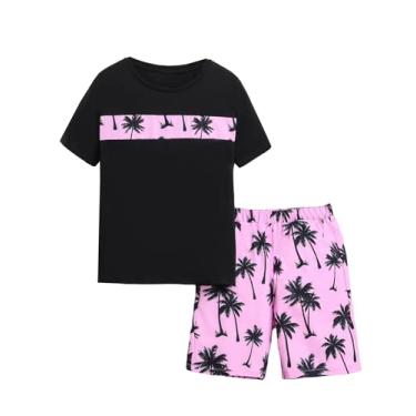 Imagem de SOLY HUX Conjunto de 2 peças de camiseta tropical de manga curta para meninos, Preto e rosa claro, 8Y
