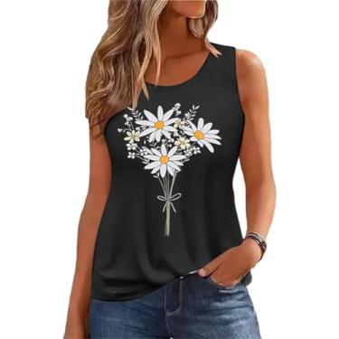 Imagem de Camiseta regata feminina de verão, sem mangas, estampa de flores vintage, boêmio, cottagecore flores silvestres, G - preto, GG