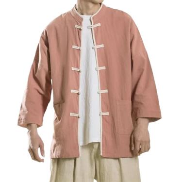 Imagem de Vestido Tradicional Chinês Primavera Verão Algodão Linha Camisa Masculina Roupa Casual Fina Tops Tang Terno Vintage Casaco, rosa, XXG