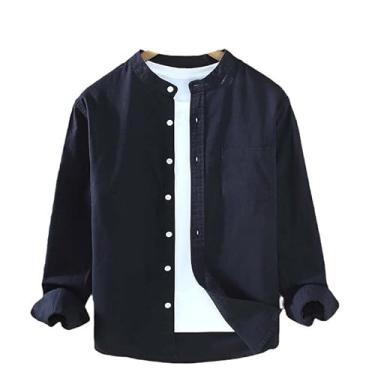 Imagem de Camisa masculina japonesa de algodão de linho fina, estilo Harajuku, gola alta, manga comprida, blusa casual respirável, Preto, PP
