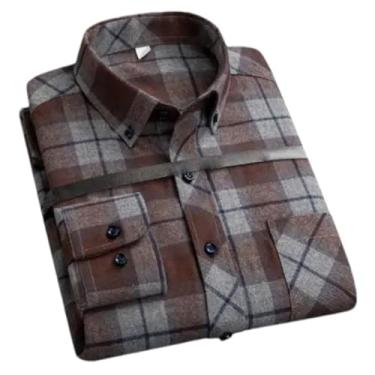 Imagem de Camisa social masculina plus size para lazer masculina algodão lixado flanela quente casual manga longa gola xadrez, Algodão 162, P