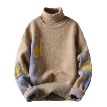Imagem de BoShiNuo Suéter masculino outono inverno manga longa gola rolê suéter masculino grosso quente, Caqui, Medium