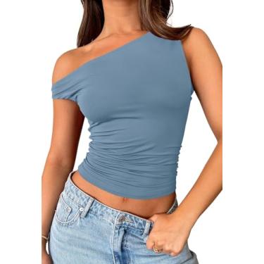 Imagem de MEROKEETY Regata feminina de verão com ombros de fora, caimento justo, sem mangas, sexy, para sair, camisetas justas Y2K, Azul-cinza, PP