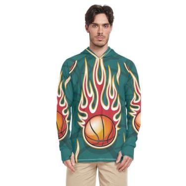 Imagem de Camisetas masculinas com capuz e proteção UV, manga comprida, com capuz, FPS 50+, secagem rápida, queima, basquete, chamas, verde, Burning Basketball Flames Green, G