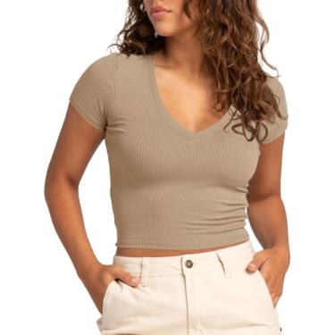 Imagem de Tankaneo Camiseta feminina cropped de verão manga curta gola V slim fit malha canelada camiseta básica Y2k, Caqui, PP