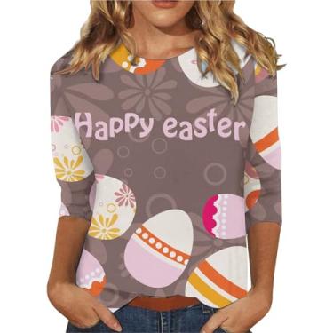 Imagem de PKDong Camisetas femininas de Páscoa Happy Easter Camiseta com estampa de coelho coelho camiseta estampada com letras engraçadas camiseta manga 3/4, Marrom, cinza, GG