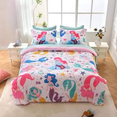 Imagem de Wajade Jogo de cama solteiro com estampa de sereias, 7 peças, desenho 3D colorido, para meninas (1 edredom, 1 lençol de cima, 1 lençol com elástico, 2 fronhas e 2 fronhas)