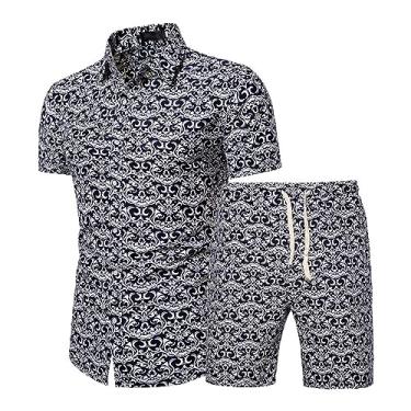 Imagem de Conjunto de shorts havaianos com estampa tropical masculina, 2 peças, camisetas polo atléticas com ombro caído, Cor 9, 3X-Large