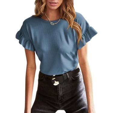 Imagem de EVALESS Camisetas femininas casuais básicas de manga curta verão com babados simples gola redonda de malha de ajuste solto, Azul, XXG