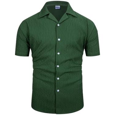 Imagem de MOHEZ Camisa masculina casual de botão, manga curta, gola cubana, praia, verão, texturizada, solo, férias, Verde 05, M