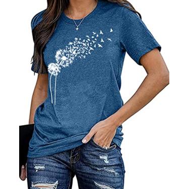 Imagem de Camiseta feminina de dente-de-leão com estampa de flores fofas verão flores silvestres blusas de manga curta, Azul, M