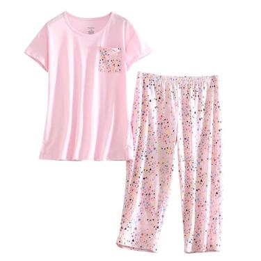 Imagem de PNAEONG Conjunto de pijama feminino – conjunto de pijama com calça capri casual e estampa divertida SY215-roxo-GG, C, rosa, XXG