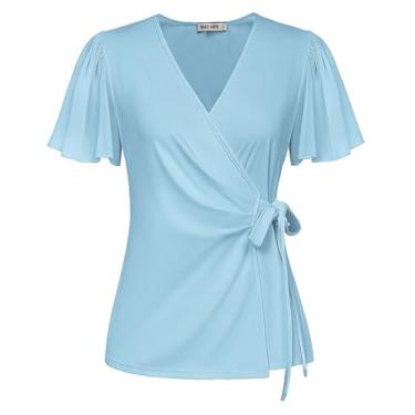 Imagem de GRACE KARIN Blusas femininas elegantes de chiffon de manga curta 2024, blusas de verão, gola V, camisas de trabalho, Azul claro, P