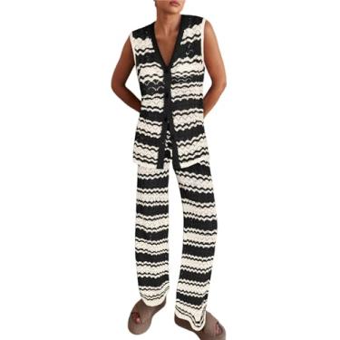 Imagem de Imily Bela Conjunto feminino de malha de 2 peças, conjunto de roupas de verão sem mangas, colete e calça larga listrada, Preto, X-Large