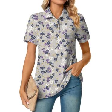 Imagem de Aodemo Camisas polo femininas de verão elegantes com gola de botão, túnica de manga curta, gola V, blusas soltas, Flor cinza-polo roxa, XXG