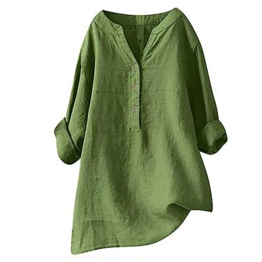 Imagem de Howstar Blusas de linho femininas 2024 verão plus size túnica com botão decote em V blusa casual elegante camisa de manga curta, Verde, M